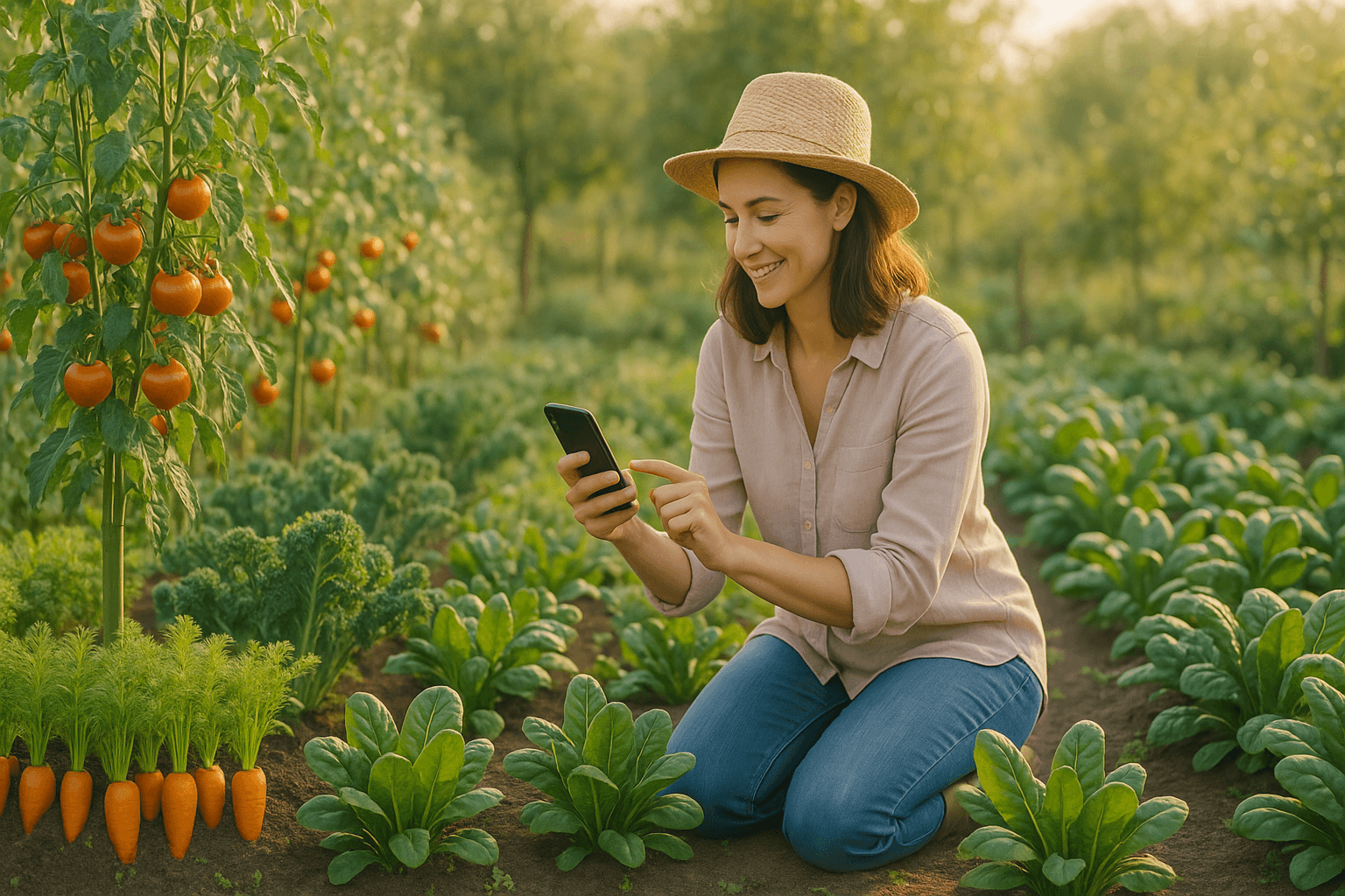 Veggie garden with raised beds and a person tending to plants