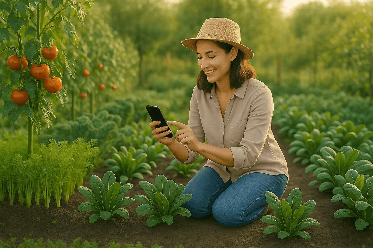 Veggie garden with raised beds and a person tending to plants