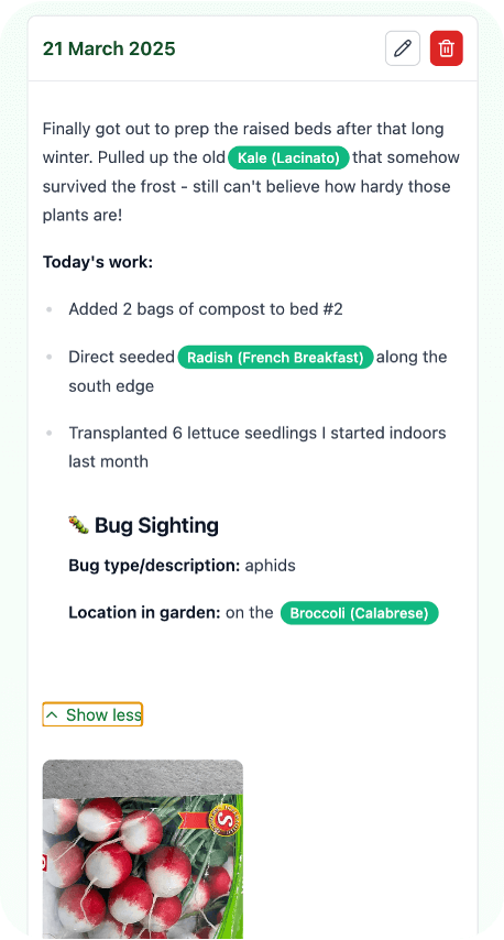 Garden journal interface showing plant entries with photos