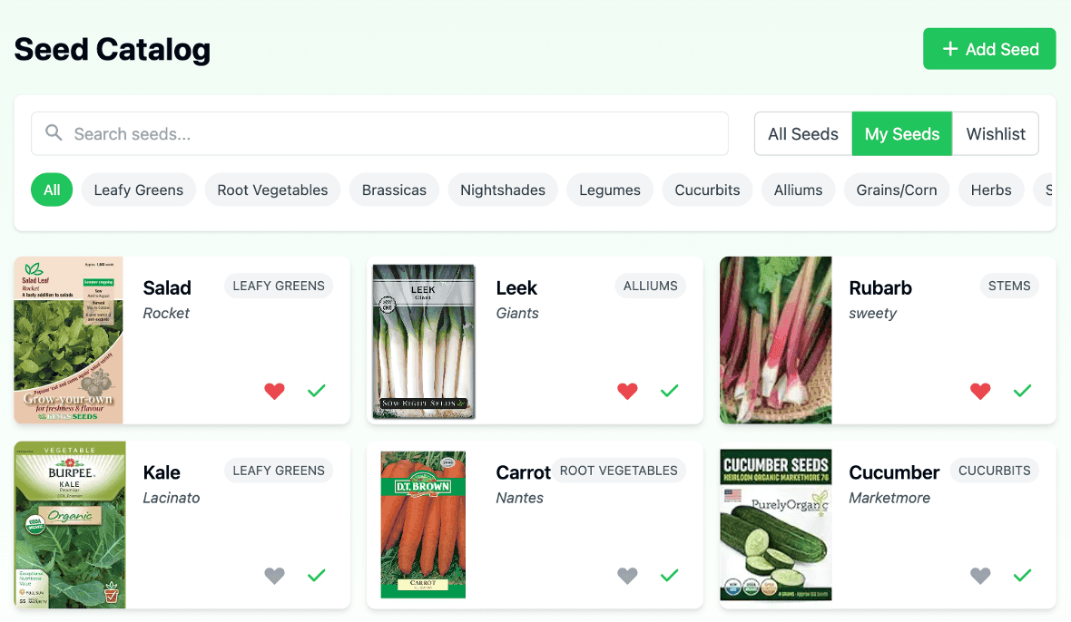 Seed package organizer showing variety catalog